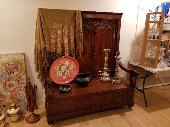 Check out this great Hall piece - lots of storage in bench - also, a lovely antique silk piano shawl