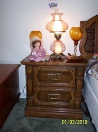 Night Stand, Doll, 2 matching gold Vases, Lamp