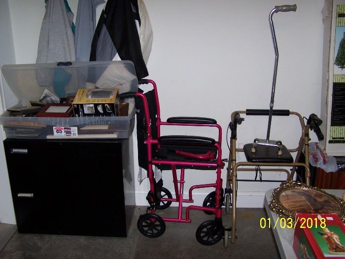 two drawer Lateral File, a  Wheel Chair, a Walker/Chair seat