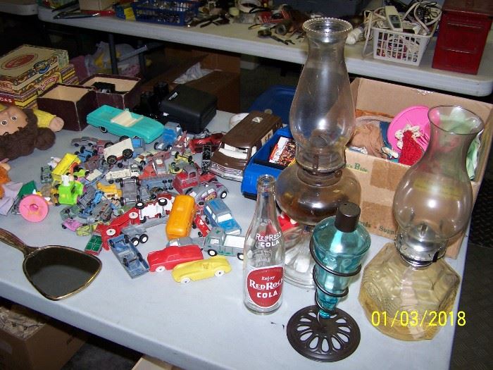 vintage Oil Lamps, vintage small Cars 