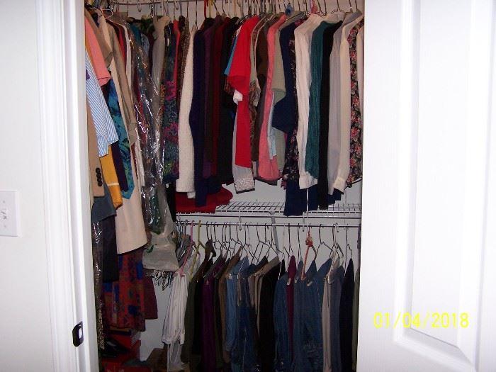 Ladies clothes, size med, large, & XL and shoe sizes 8-81/2   - a few men's clothes Jeans 38 waist and large  in shirts, jackets, coats & Bathrobe - 1 Pr of men's size 13 dress Boots