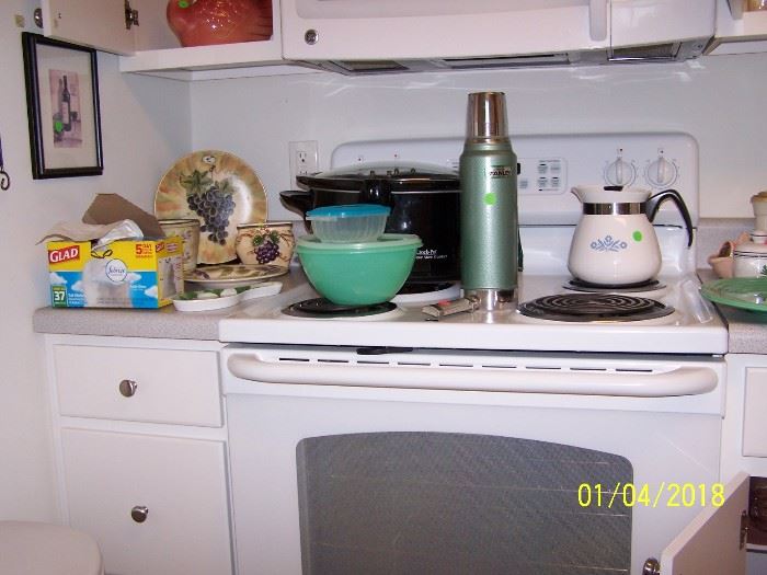 large Crock Pot, Stanley Thermos, Pyrex Pot, misc. Plastic and Tupperware