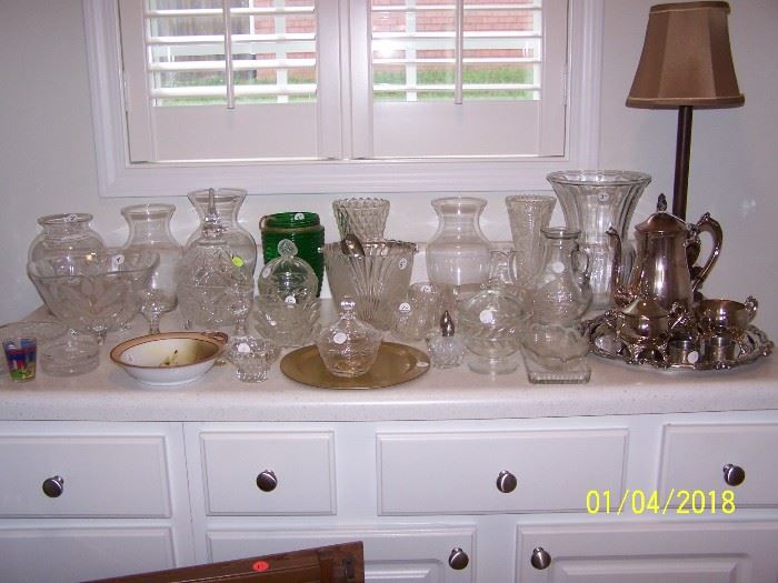 misc. Vases, Glassware, Lamp,  4 pc. SilverTea Set