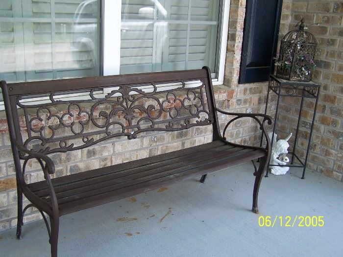 front porch Bench, Birdcage on a tile top Stand,  Angel