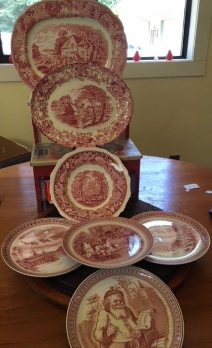 A small sample of the red Transferware including Spode Christmas dishes