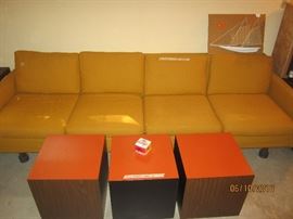 8 1/2' long vintage couch in good condition and 3 piece cube coffee table