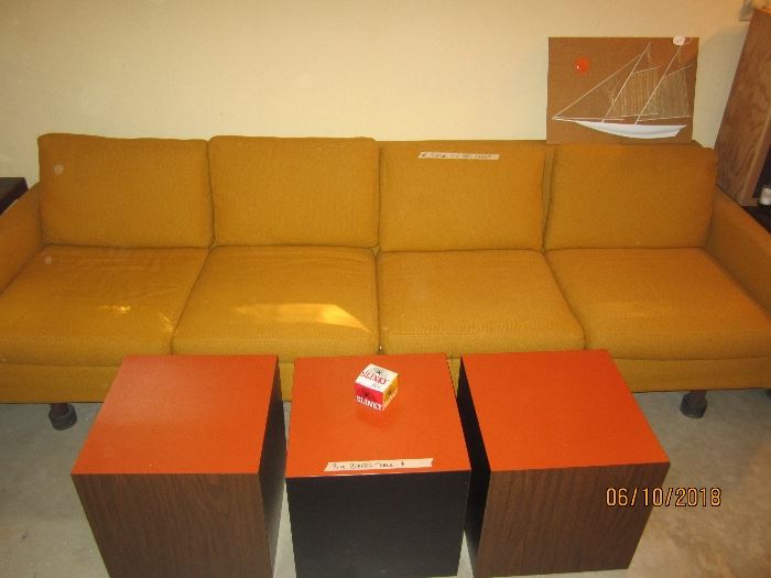 8 1/2' long vintage couch in good condition and 3 piece cube coffee table