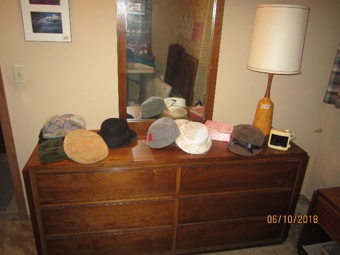 Lane dresser and mirror, vintage hats