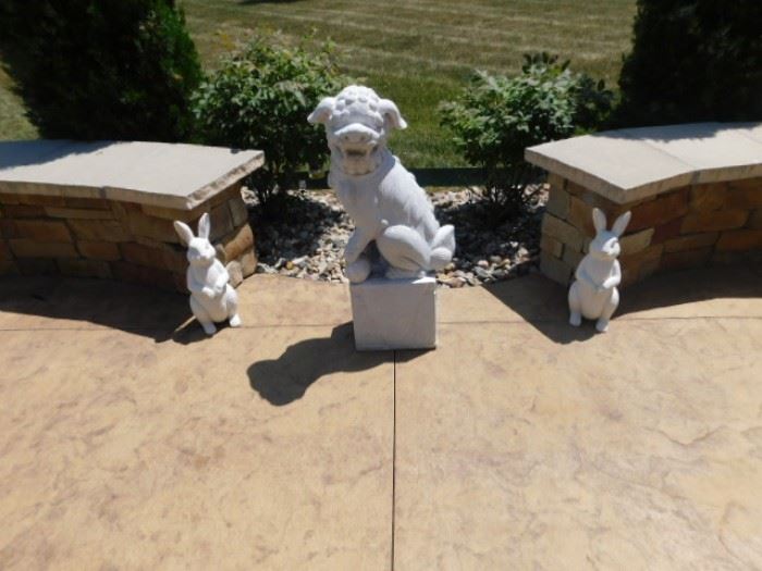 Concrete Foodog statuary and rabbits 