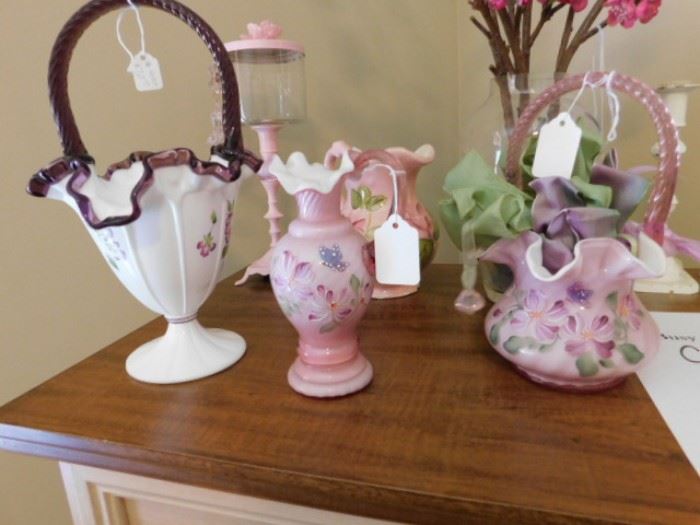 Hand-painted Fenton glass Baskets and Pitcher 