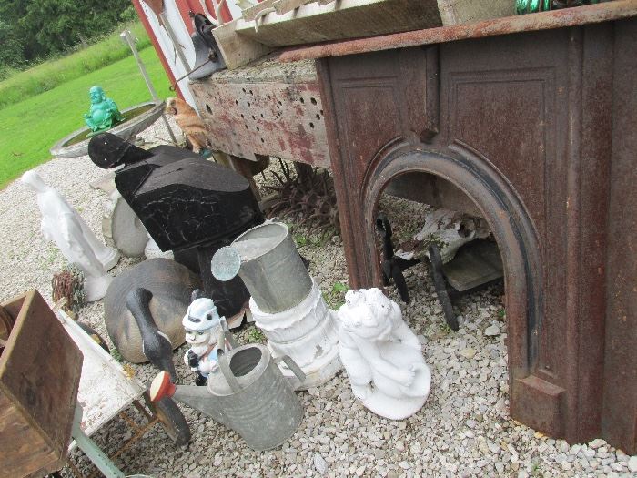 Antique 1870's Cast Iron Mantel, Vintage garden concrete statuary, Mother Mary Garden Statue, Barn architectural vents, vintage watering cans