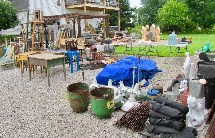 Old farm tables, Vintage mannequins with wire bases, old ladders, farm machinery pieces, garden, etc.