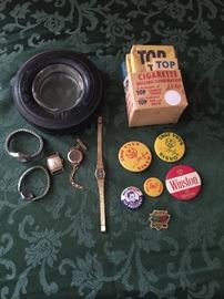 B F Goodrich ashtray, Top Brand tobacco and Rolling machine, Pinbacks, Vintage watches