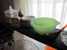 Jadite Bowl, Fenton carnival glass bird, antique bank, and steins