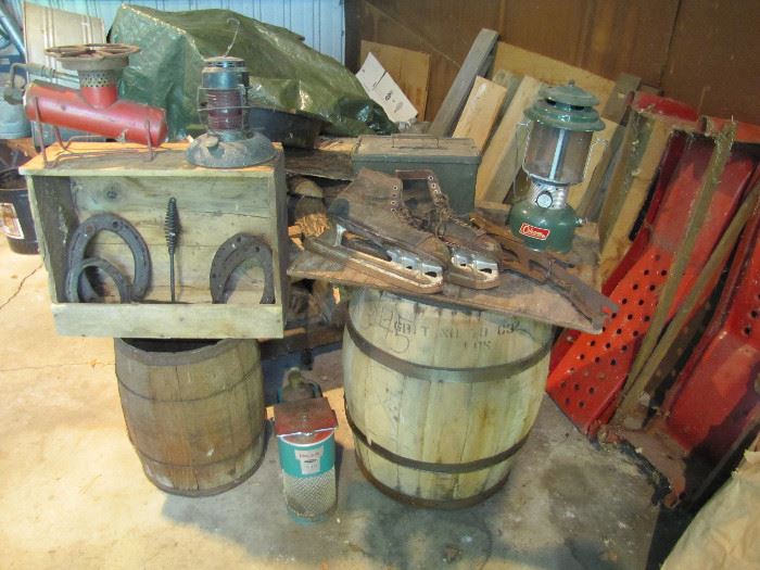 Horse shoes, barrel, keg, RR lantern,  old kerosene burner, antique ice skates and blades