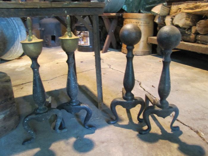 Two sets of Andirons, the set with the ball is all cast iron and very vintage