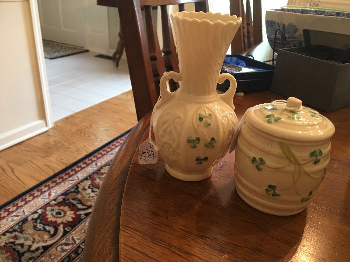 Beleek mustard pot and vase with handles