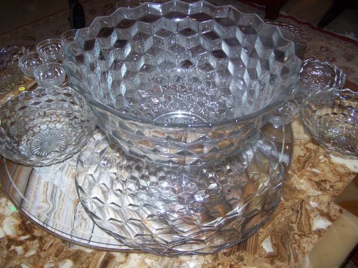 Fostoria Miss America punch bowl with stand and platter, it is huge