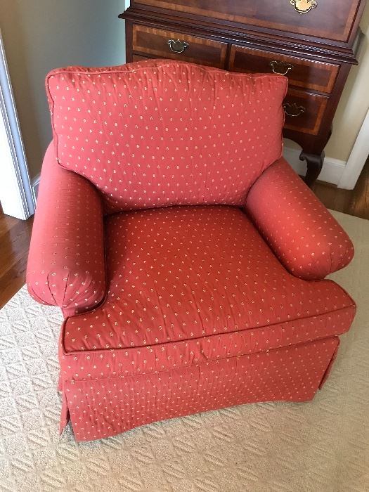 Custom Upholstered chairs by Charles Stewart Company. Fabric  has small yellow ladybug  print.