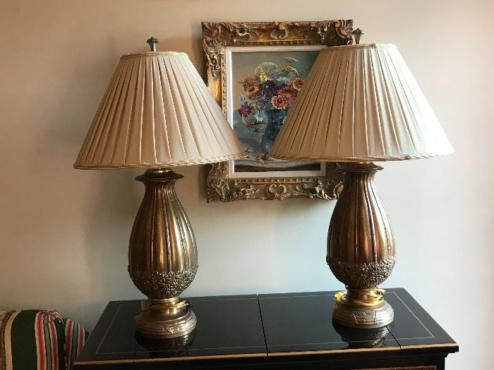 Pair of brass bamboo and floral lamps