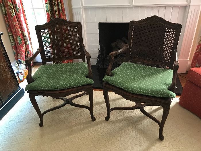 Pair of Reproduction French cane chairs with cushions