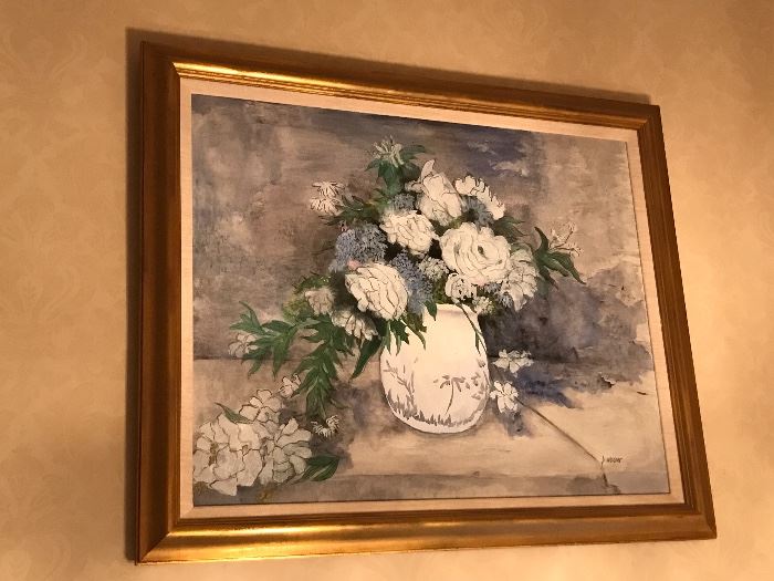 Blue flowers in white vase by Paulette Weisner