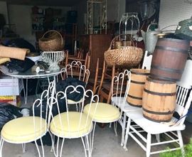 wooden barrels, benches, chairs