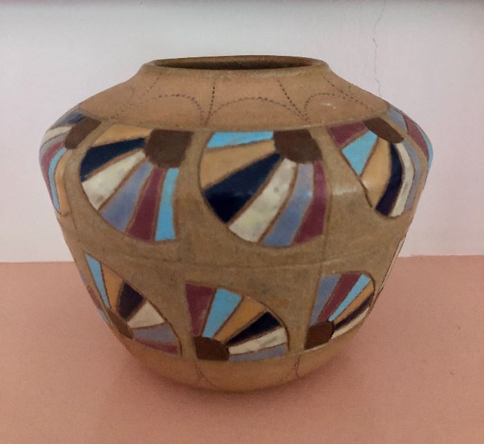 Handmade earthenware vessel by Leona Yoder Keim Quilt "Fan IX"