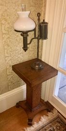 Antique Brass Oil Student Lamp, Single Arm, with Shade, Electrified