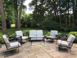 Beautifully restored vintage wrought iron patio set with new custom cushions. Many pieces!