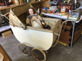 Antique prambulator, pram, baby buggy, top is stiff but pulls up, this is rare
