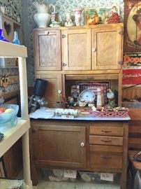 Hoosier Cabinet, kitchen center, enamel top,  roll down right side opening, enamel pulls