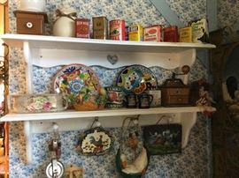 Two individual wall shelves, vintage spice tins, teal era plates, coffee grinders, etc.