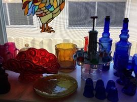 Leased glass rooster, cool shot glass holder, server, more colored glass