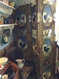 3 way folding metal screen with rooster paintings