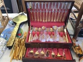 Gold plated flatware set in box, also modern pattern set, great fireplace bellows