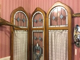 Three way folding screen with leaded glass sections