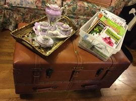 Coffee table or ottoman, top fabric lined, lower drawer, adult coloring books, 