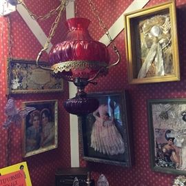 Vintage pictures and shadow box collections, re glass hanging light