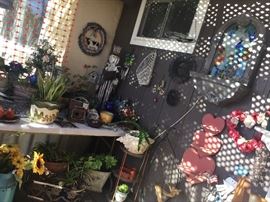 Fountain with leaded glass peacock needs new pump, fun planters