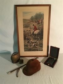 Framed Fox Hunt Scene, Riding Hat & Crop, Cow Bells         https://ctbids.com/#!/description/share/26789