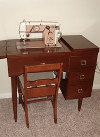 VINTAGE SEWING CABINET/CHAIR WITH MACHINE