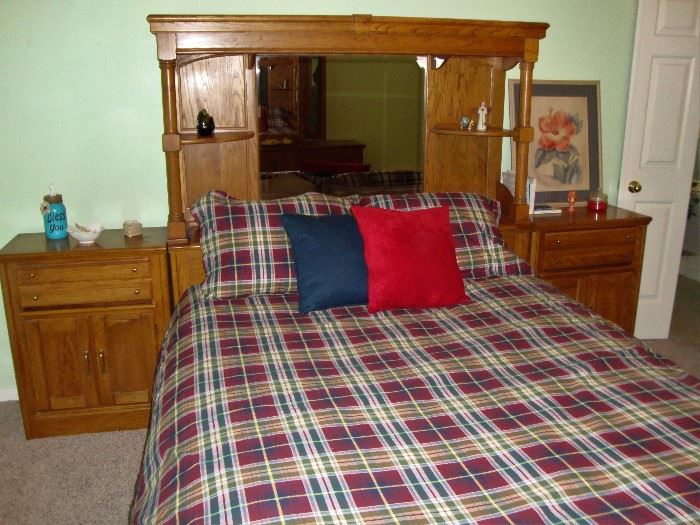 FABULOUS BED WITH LIGHTED & MIRRORED HEADBOARD. COMES WITH TWO NIGHT STANDS THAT SIT ON EITHER SIDE OF HEADBOARD. MATTRESS, BOXSPRINGS, BEDDING AND HEATED MATTRESS PAD ARE INCLUDED.