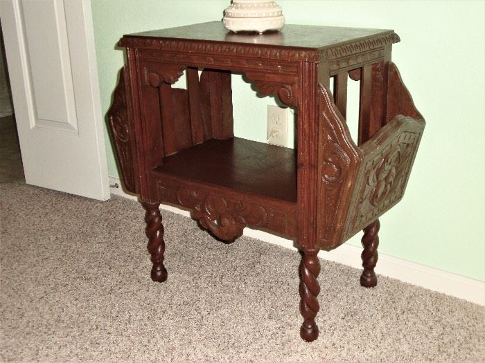 ANTIQUE "ORNATE" MAGAZINE/NEWSPAPER TABLE - BEAUTIFULLY CARVED WITH BARLEY TWIST LEGS. THIS IS A "MUST SEE" !