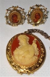 VINTAGE WHITING AND DAVIS CAMEO EARRINGS, LARGE VINTAGE CAMEO "SOLID PARFUM" LOCKET NECKLACE