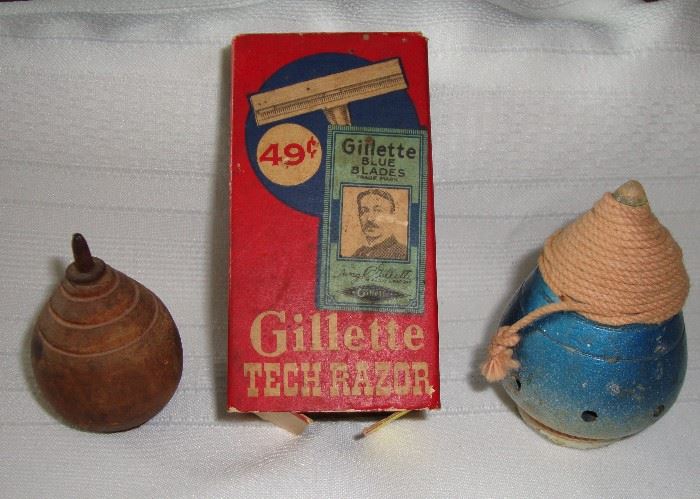 VINTAGE WOODEN TOPS AND A GREAT COLLECTORS ITEM... RAZOR WITH BOX !