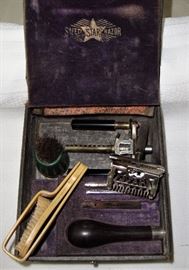 ANTIQUE KAMPFE BROS STAR SAFETY RAZOR WITH BRUSH'S, CASE and OTHER ITEMS "RARE FIND"