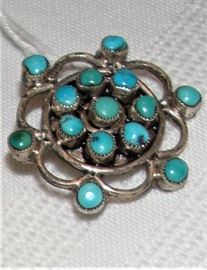 VINTAGE STERLING SILVER  ZUNI TURQUOISE PIN - SIGNED "RAE"