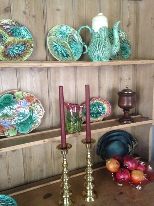 Variety of majolica, brass, and other selections