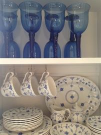 Blue glassware and blue and white dishes